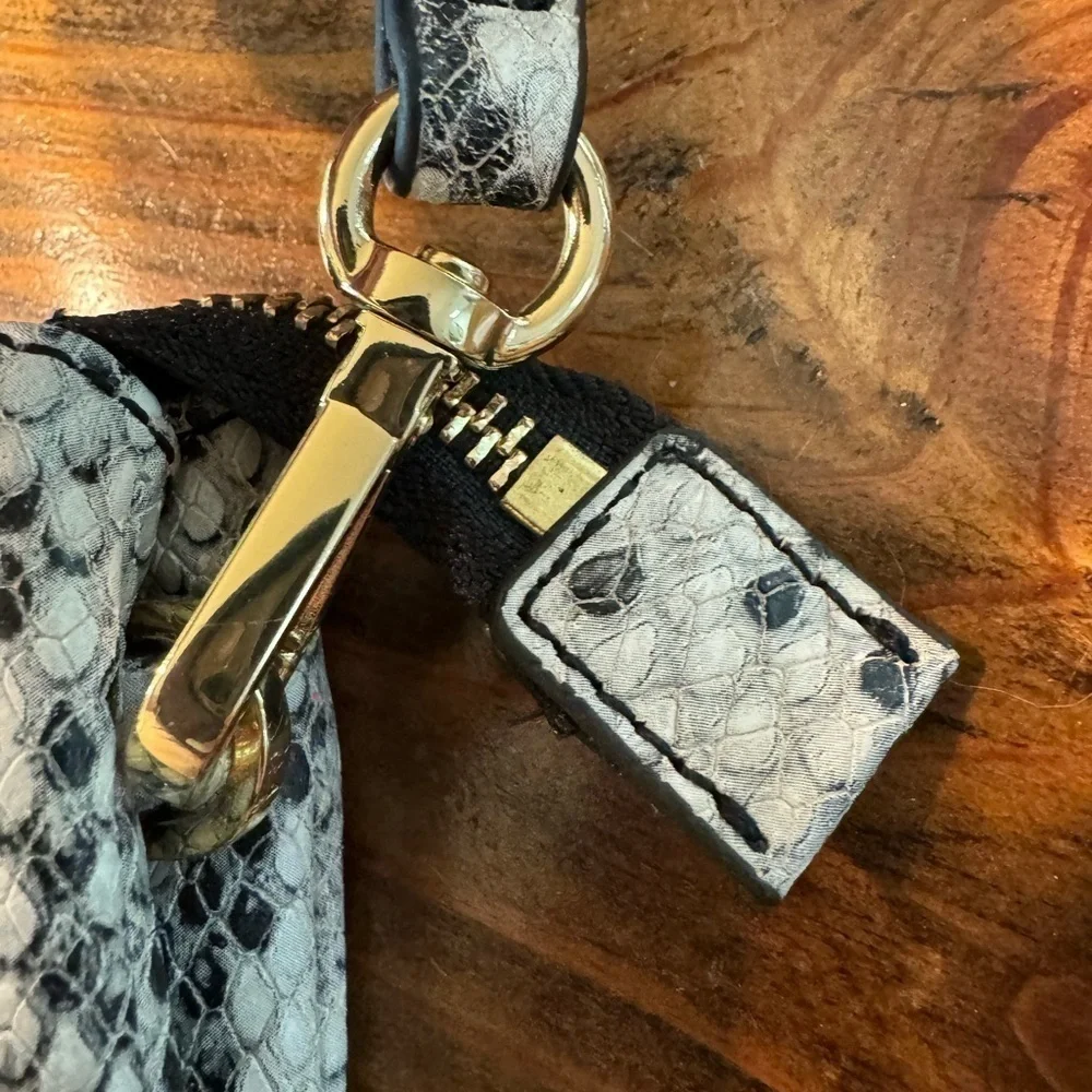 GILI leather snake print crossbody bag or clutch. Gray/white gold trim zip top